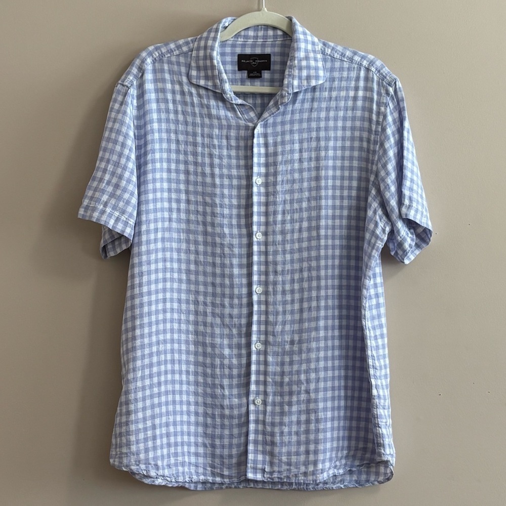 Washable Linen Gingham Short Sleeve Shirt Blue White EUC Black Brown 1826 Sz L